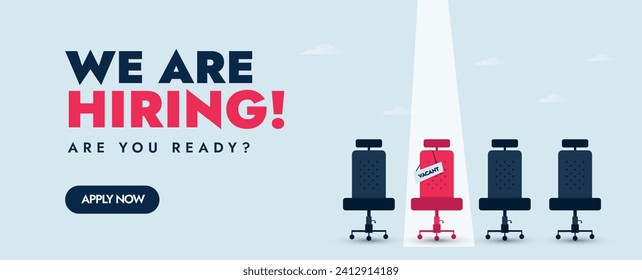 We are hiring cover banner. We are hiring announcement cover banner with four empty office chairs having a vacant sign on pink chair. Hiring cover banner concept for recruiter. Recruitment cover. 