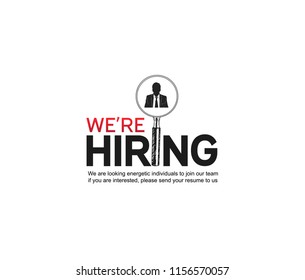 We are hiring custom typography with Magnifying Glass choosing businessman with hand drawing style isolated on white background