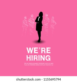 We are hiring design with chosen businesswoman pink background hand drawing style 