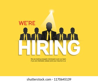 We are hiring design concept with the chosen businessman in the spotlight yellow background. Vector illustration for recruitment purpose