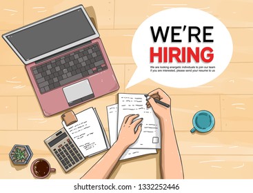we are hiring design free hand drawing workspace soft color for job recruitment purpose