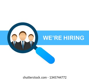 We are Hiring design with Magnifying Glass choosing businessman. Vector stock illustration.