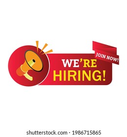We are Hiring design with mike speaker, red, white, and yellow text effect on white background. Business recruiting concept with red and black color. join us vector illustration for the hiring concept