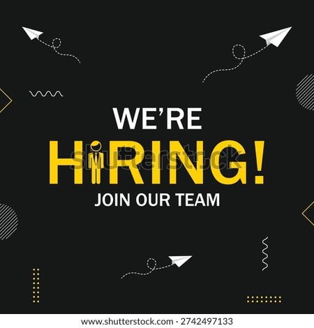 We are hiring design. we're hiring concept with paper airplanes, dotted patterns on black background. Open vacancy creative work. Join our team banner. Recruitment hiring poster