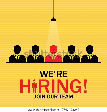 We are hiring design. we're hiring concept with spotlight, candidates sitting on table. Open vacancy creative work. Join our team banner. Recruitment hiring poster