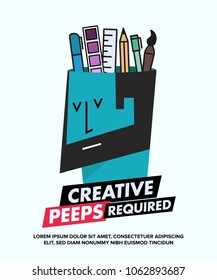 We are Hiring Designers/Creative People/Interns/Young Designers. Vector illustration of a designer and his creative tools—pencil, brush, marker, ruler, colour palette