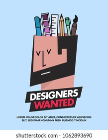 We are Hiring Designers/Creative People/Interns/Young Designers. Vector illustration of a designer and his creative tools—pencil, brush, marker, ruler, colour palette