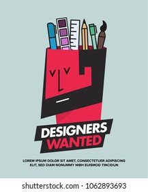 We are Hiring Designers/Creative People/Interns/Young Designers. Vector illustration of a designer and his creative tools—pencil, brush, marker, ruler, colour palette