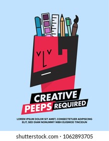 We are Hiring Designers/Creative People/Interns/Young Designers. Vector illustration of a designer and his creative tools—pencil, brush, marker, ruler, colour palette