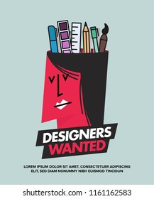 We are Hiring Designers/Creative People/Interns/Young Designers. Vector illustration of a designer and his creative tools—pencil, brush, marker, ruler, colour palette