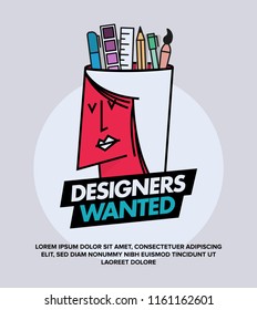 We are Hiring Designers/Creative People/Interns/Young Designers. Vector illustration of a designer and his creative tools—pencil, brush, marker, ruler, colour palette