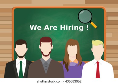 we are hiring employee candidate line up with title text on front of the green board chalk vector graphic illustration