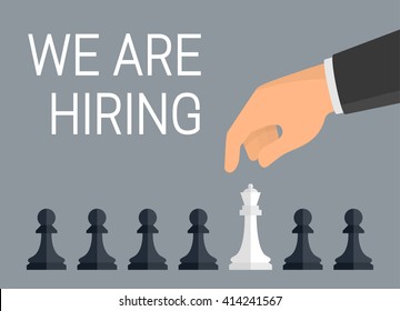 'We are hiring employees' concept. Vector Illustration of human hand over row of chess pieces - pawns and one queen. Flat design style