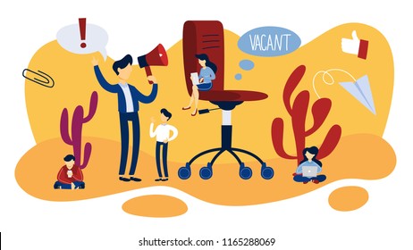 We are hiring. Empty red chair with vacant sign. Business team looking for a new candidate. Searching for job candidate. Flat vector illustration