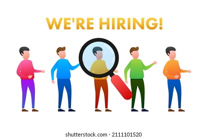 We are hiring flat cartoon illustration. Recruitment concept. Hire workers, choice employers search team for job. Resume icon. Vector illustration.