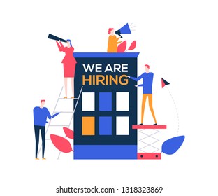 We are hiring - flat design style colorful illustration on white background. Unusual composition with characters, HR managers searching for candidate, looking through spyglass, speaking with megaphone