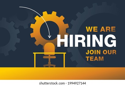 We are re hiring flyer for amployee recruitment - new employee search advertisement element - empty office chair and gears