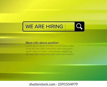 We are hiring flyer banner poster with a search on a gradient blue background, indicating job opportunities. The image includes placeholder text suggesting more information about positions.