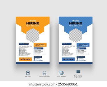 We are hiring flyer design. We are hiring poster template.  Job vacancy leaflet flyer template design. Job offer leaflet template.