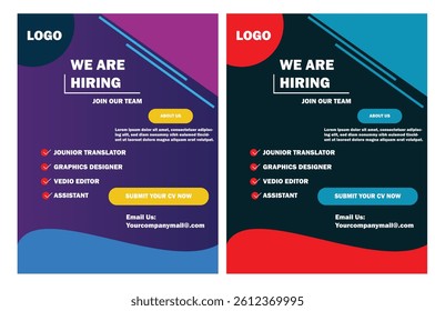 We are hiring flyer design. We are hiring poster template. Job vacancy leaflet flyer template design.Poster for we are hiring. employees needed. Social media template job vacancy recruitment.