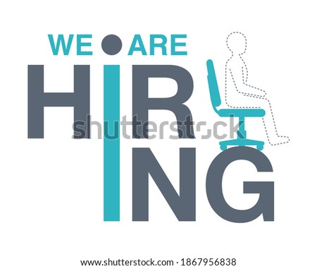 We are re hiring flyer for staff recruitment - new employee search advertisement element - empty office chair and dashed line sitting man