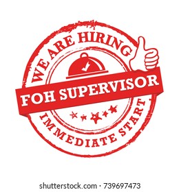 We are hiring front of the house supervisor - immediate start. Red printable sticker designed for companies recruiting people to work in the hospitality industry