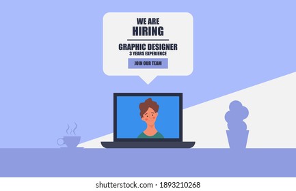 We are hiring a graphic designer background for an employee search for a job. We are hiring talent for work. Finding a good working designer vector illustration concept with laptop