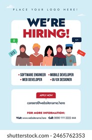 We are hiring. We are hiring graphic designer, content writer announcement banner, brochure with people of different ethnic, Anyone can apply. Apply now and send your CV. Recruitment concept.