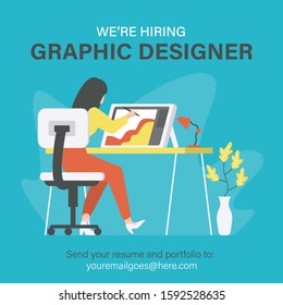 We are hiring graphic designer, creative people, artist. Illustration of woman designer