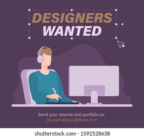 We are hiring graphic designer. Illustration of designer with headset working on computer