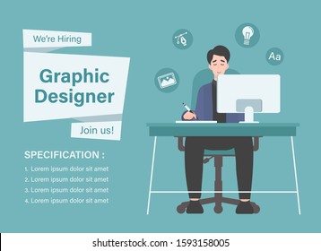 We are hiring graphic designer. Illustration of creative designer working on computer