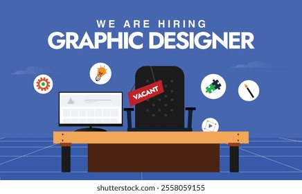 We are hiring Graphic Designer. Hiring Graphic Designer post or cover template with graphic elements, monitor, vacant chair, office table, graphic tools. Job Vacancy Social Medi Hiring Post Template