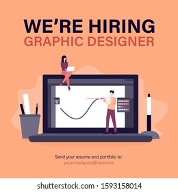 We are hiring graphic designer. Staffing & recruiting business concept with people and digital drawing tools illustration