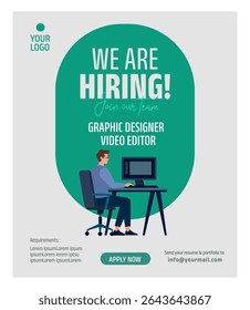 'we are hiring graphic designer and video editor' trendy poster design template. vector illustration