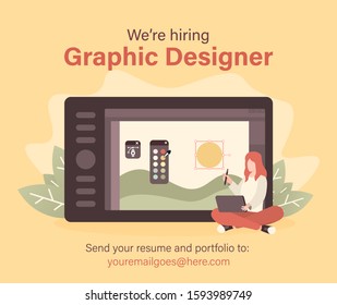 We Are Hiring Graphic Designer With Woman And Drawing Tablet Illustration