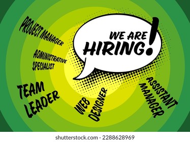 We are hiring green circles flyer template - looking for new members of our team hiring a new member colleages to our company organization team - simple motive with comic strip speech bubble