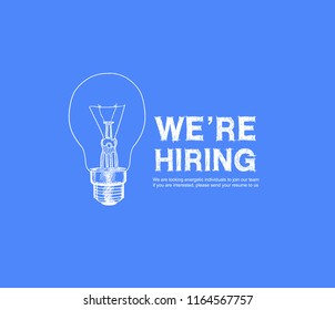 We are hiring hand drawing style with light bulb on blue background