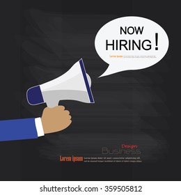 We Are Hiring, hand hold megaphone with we are hiring word on chalkboard, recruitment concept, vector illustration.