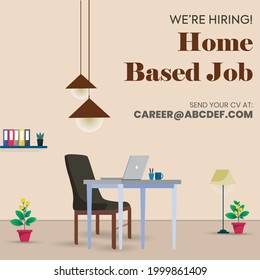 we are hiring, home based job announcement banner and social media post. freelancer home office space. Working at home vector flat style illustration. Online career. Co working space illustration.