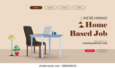 we are hiring, home based job announcement web page, with a chair and desk having laptop on it, freelancer home office space. Working at home vector flat style illustration. freelancer work space