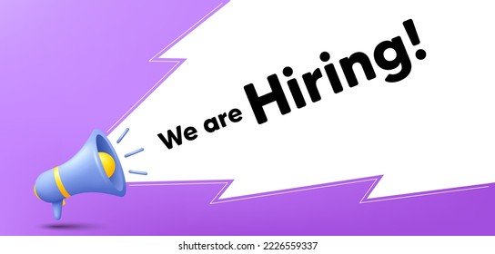 We are hiring horizontal banner with a megaphone. Announce banner with loudspeaker. Promotion hr background. 3d employment message with megaphone. Hire team, recruiting banner. Vector