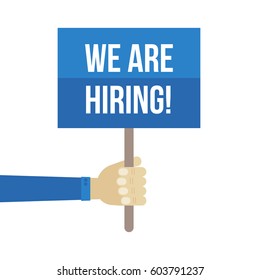 We are hiring. HR, recruitment vector flat design illustration with sign in hand.
