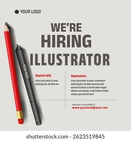 'We are hiring illustrator' poster design template. vector illustration