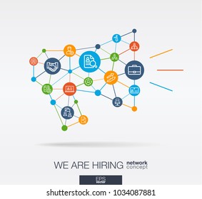 We are hiring, integrated thin line web icon in megaphone message shape. Digital neural network interact concept. Connected polygon system. Vector abstract Job search background professional team work