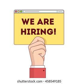 We are hiring internet web site page post. HR employee holding hire sign text ad. Modern flat style thin line vector illustration. Concept isolated on white background.