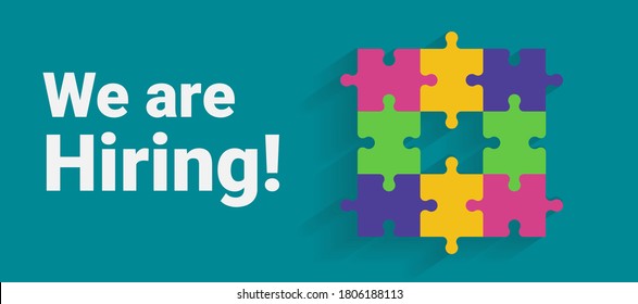 We Are Hiring. Job Advertisement With Colorful Puzzle And Text Over Turquoise Background. Vector Illustration, Panorama