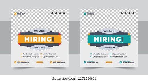 We are hiring job position square banner or social media post. We are hiring job vacancy social media post banner design template with red color. We are hiring job vacancy square web banner design.