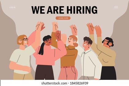 We are hiring or job recruitment banner, poster, flyer or landing web page. Group of people, students or young specialists are searching new job opportunities  in internet or struggling for new job. 