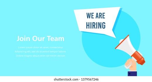 We are hiring. Job search, recruiting, human recource concept. Flat style concept banner.