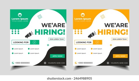 we are hiring job social media post creative  banner template design with green and yellow color . social media hiring post vacancy recruitment setting on  chair